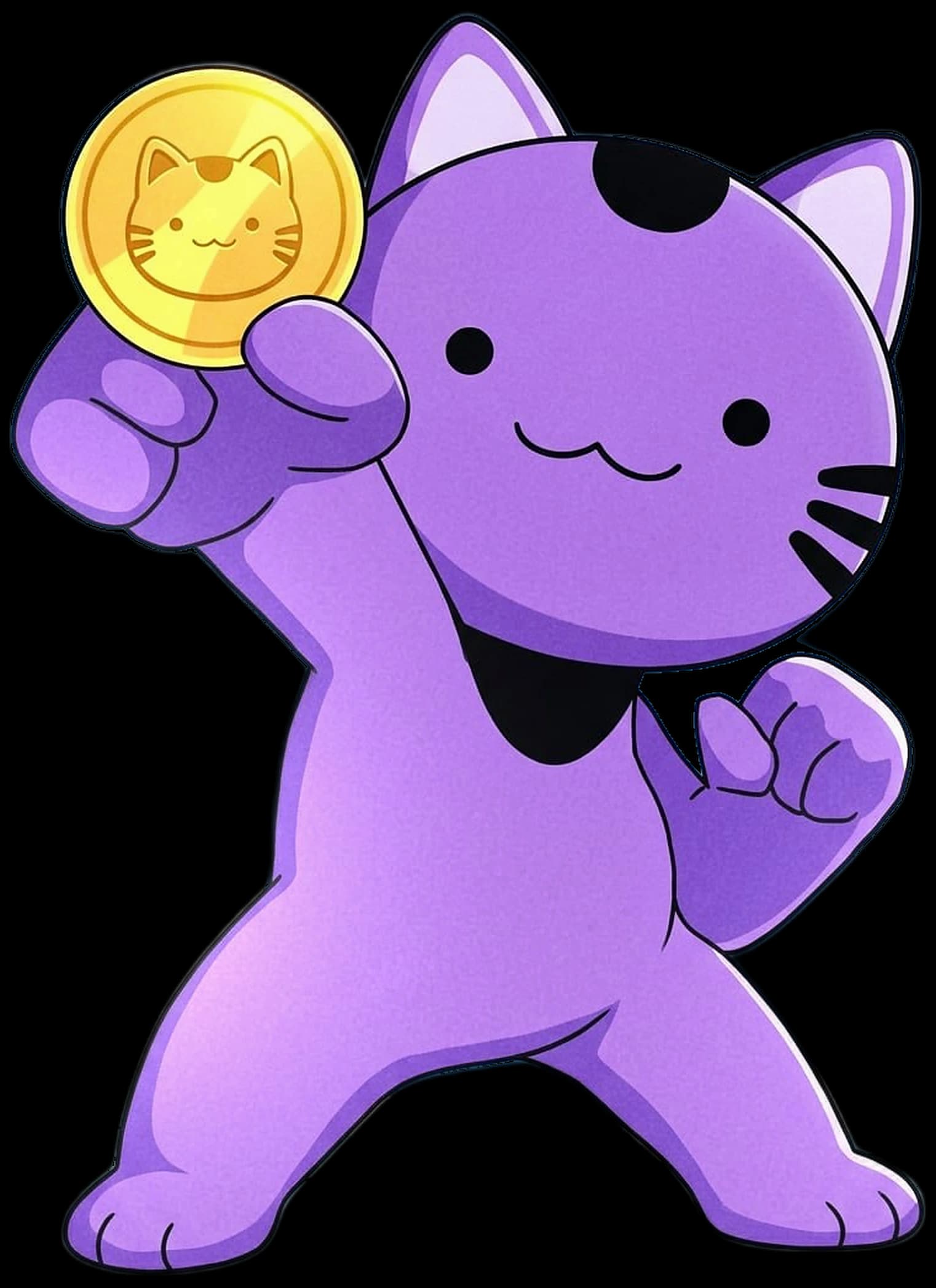 MOCA, a purple cartoon cat, holding up a gold $MOCA coin