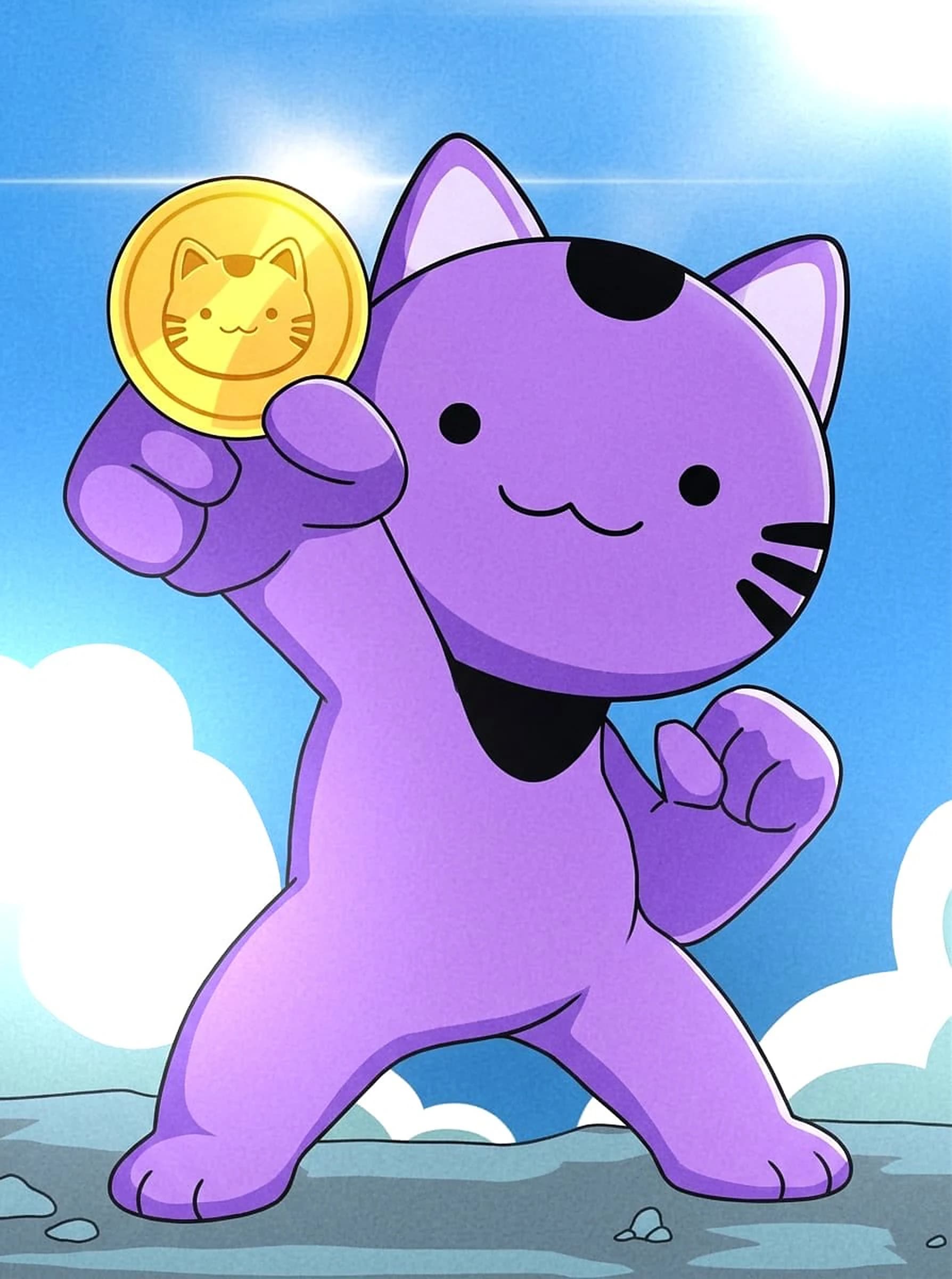 MOCA holding up a gold coin stamped with a cat face