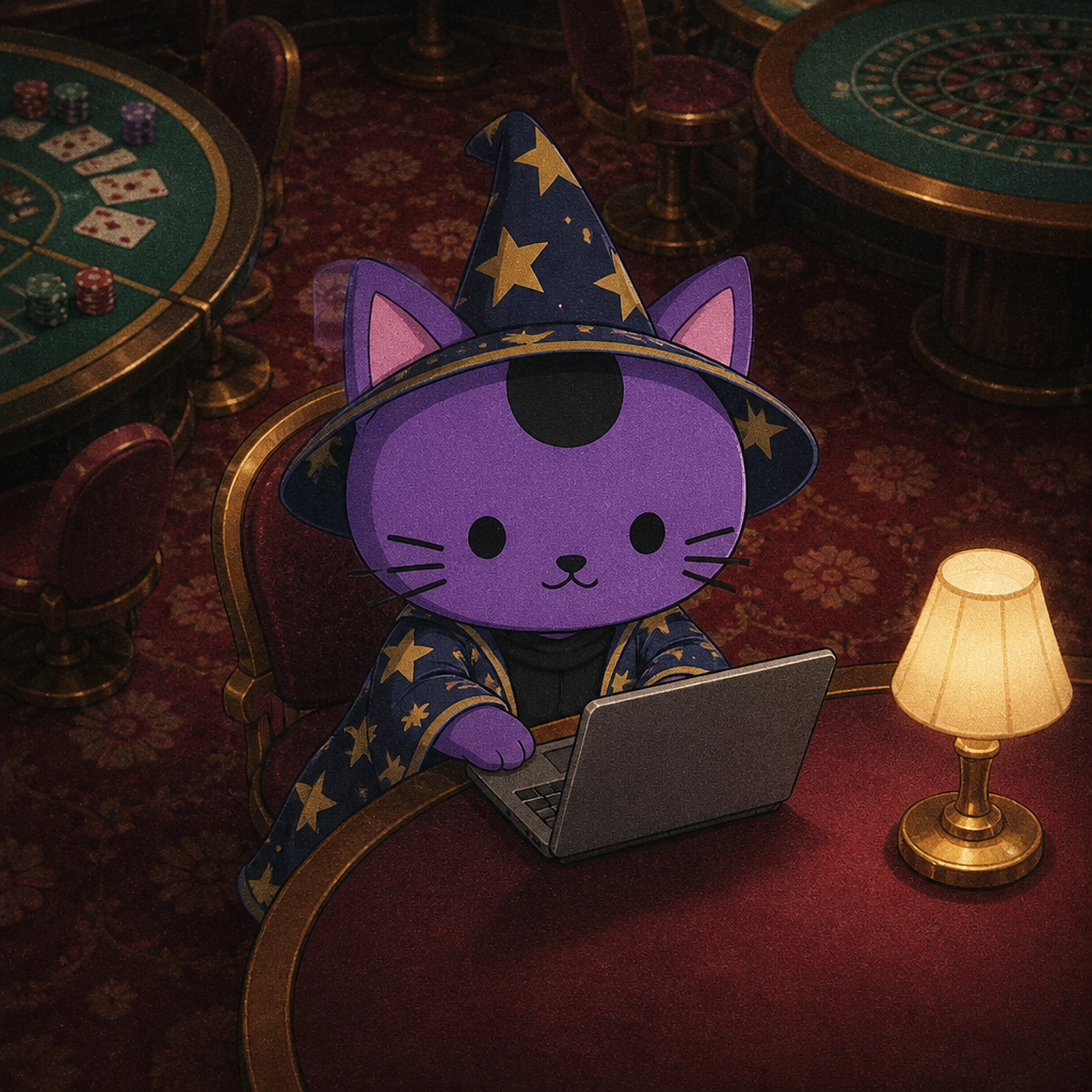 MOCA in a star-covered wizard hat and robe, working a laptop at a casino table