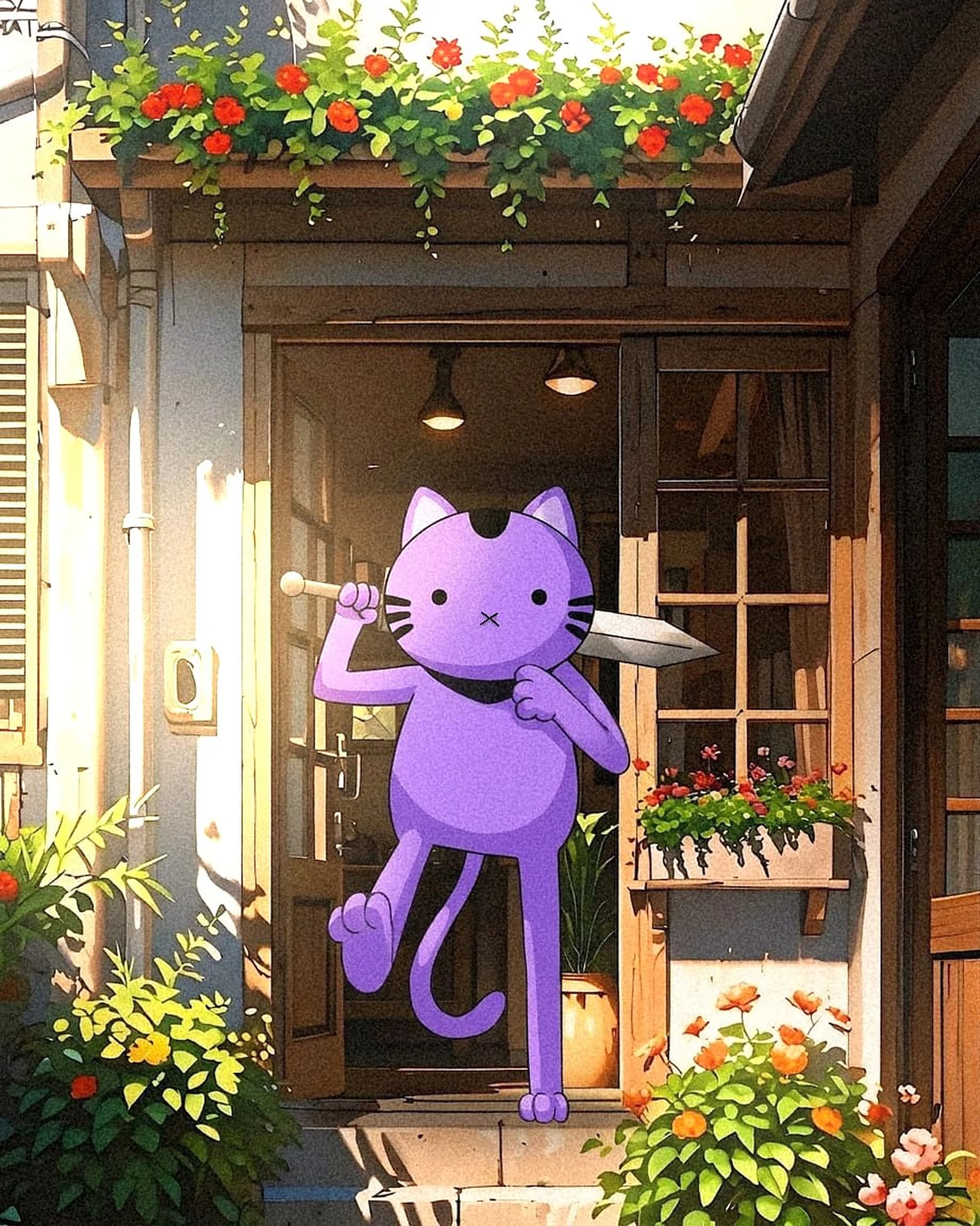 MOCA leaning in a sunlit flowered doorway