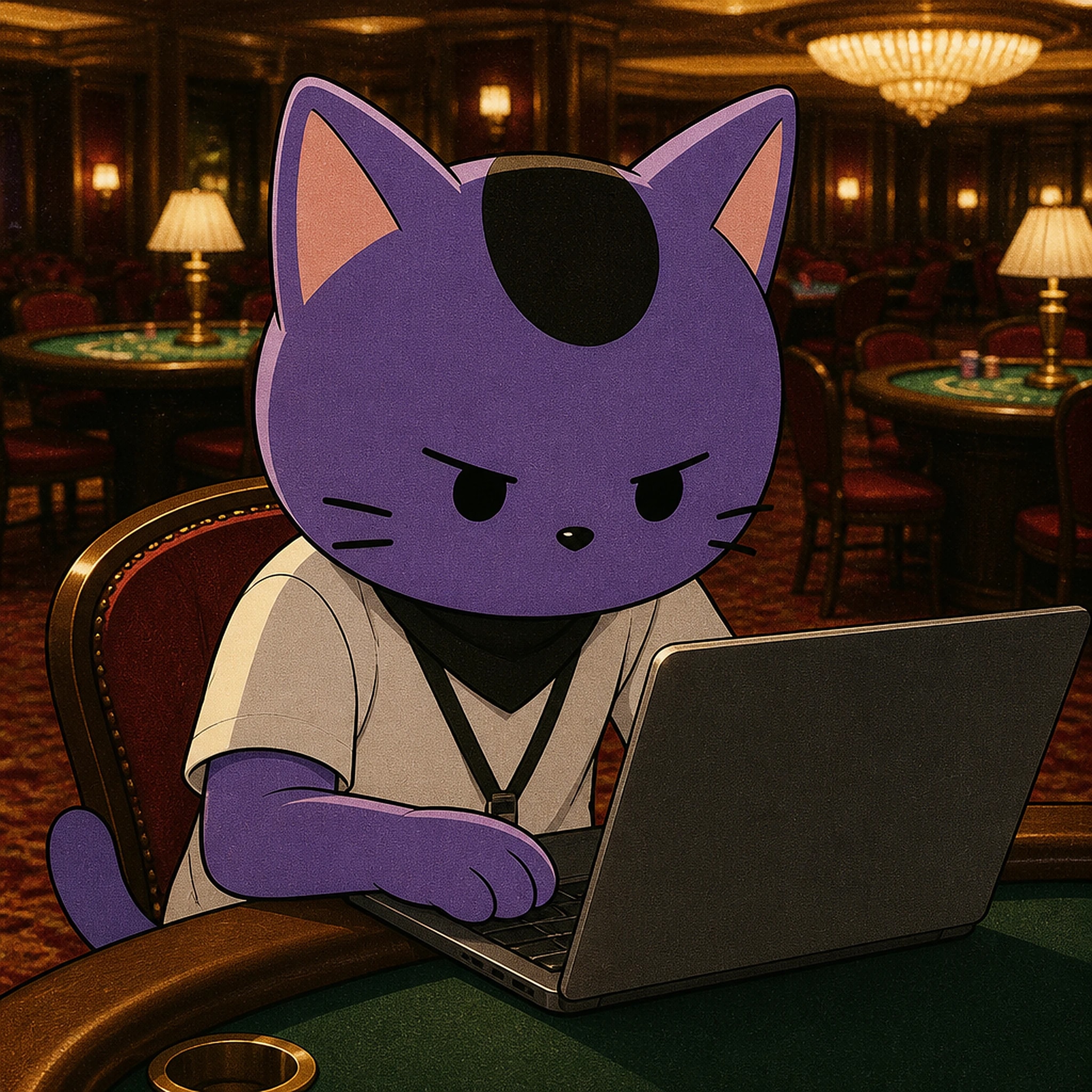 MOCA at a laptop on a casino table, unimpressed, chandeliers behind him