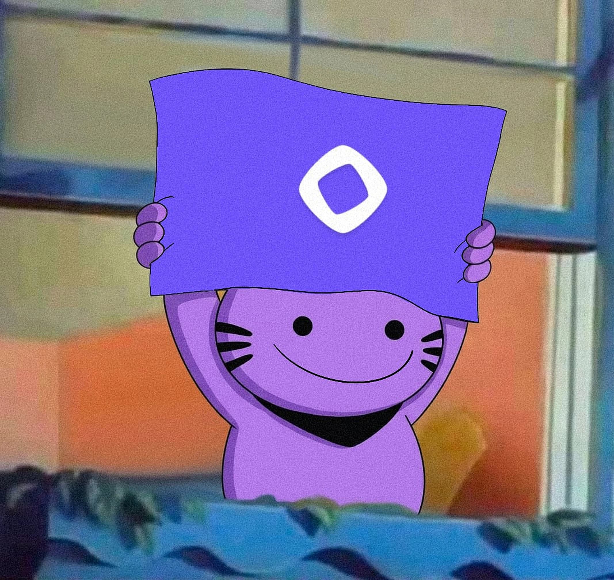 MOCA holding a purple Monad flag over his head